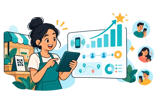 Pemilik bisnis melihat grafik analitik tap dan scan pada dashboard TapQR